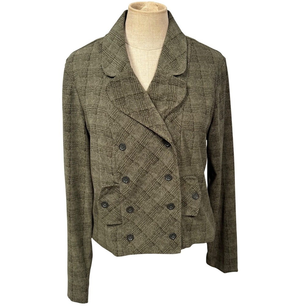 Women Size 7/8 Plaid Double Breast Blazer Light Jacket Olive Green Crop Military